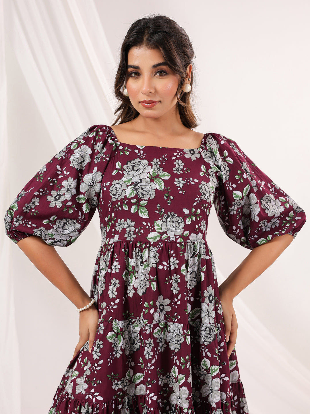Janasya Dark Cotton Floral Tiered Dress 