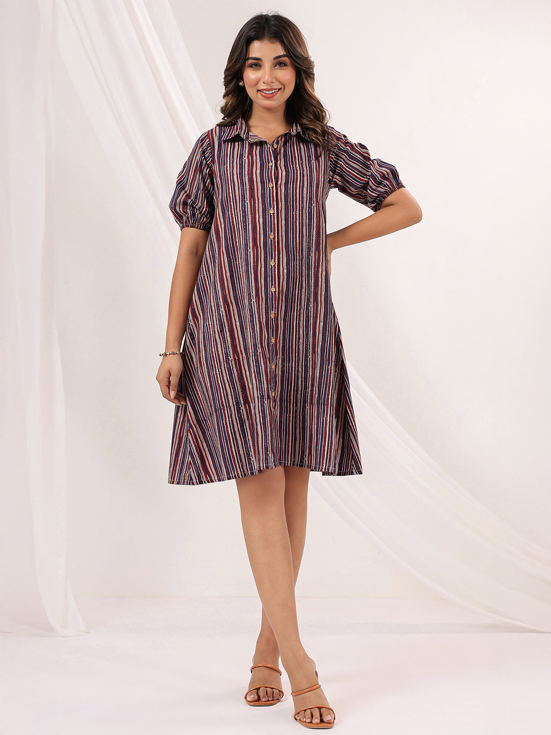 Janasya Dark Cotton Striped A-Line Dress 