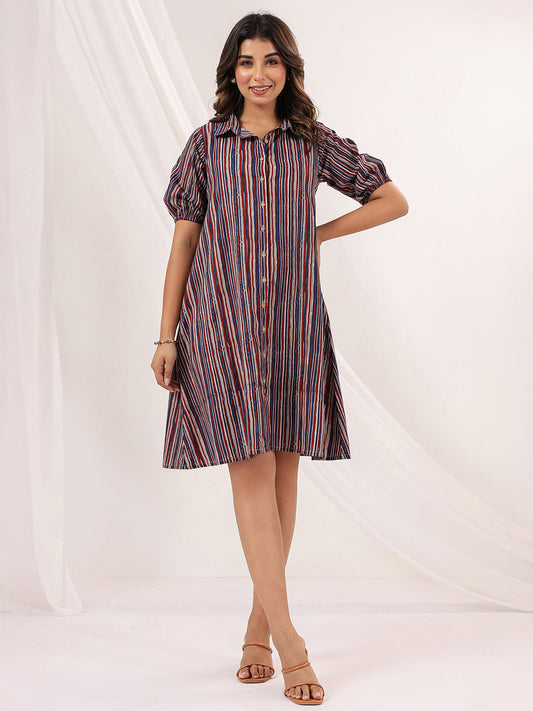 Janasya Dark Cotton Striped A-Line Dress 