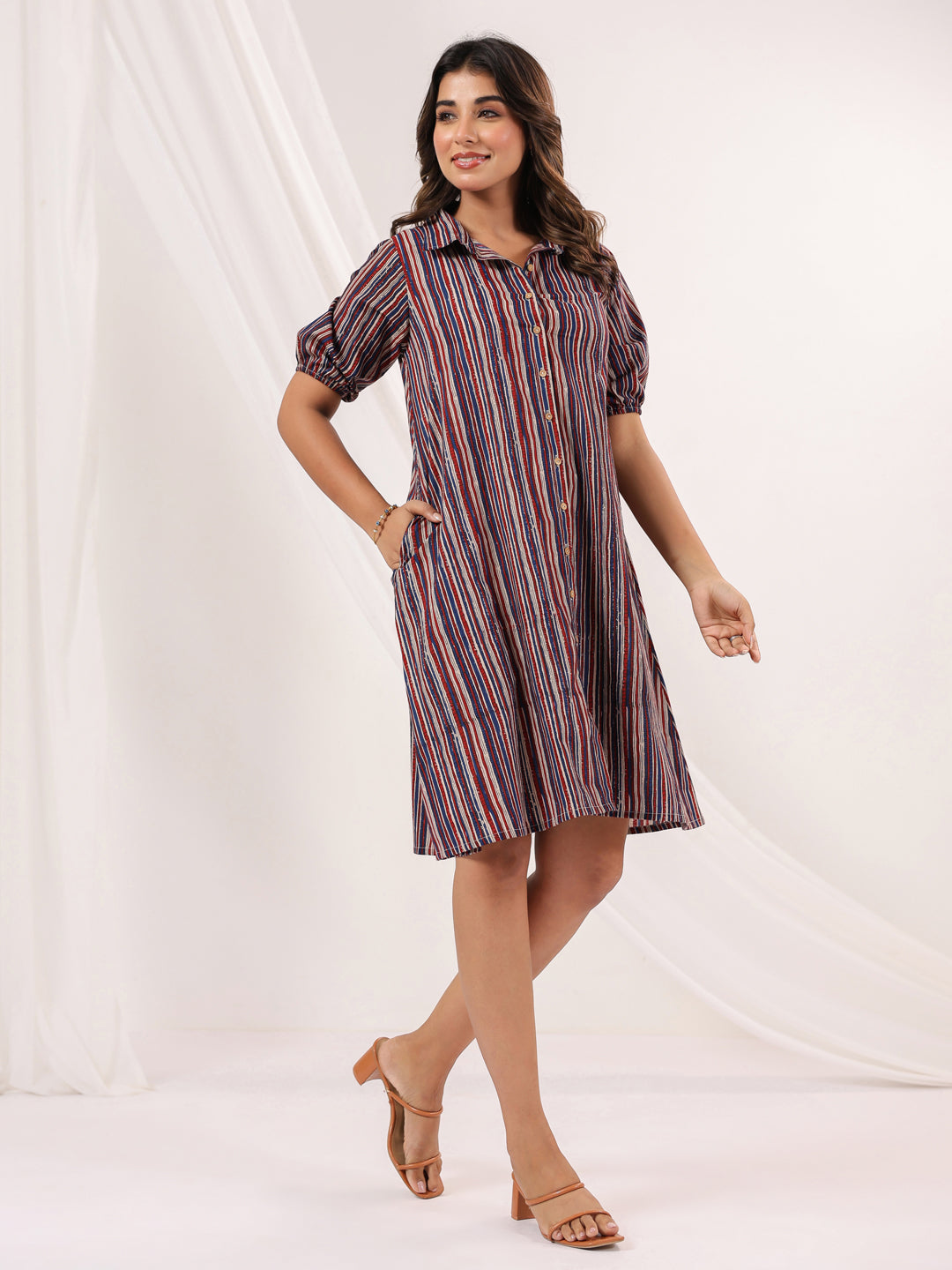 Janasya Dark Cotton Striped A-Line Dress 