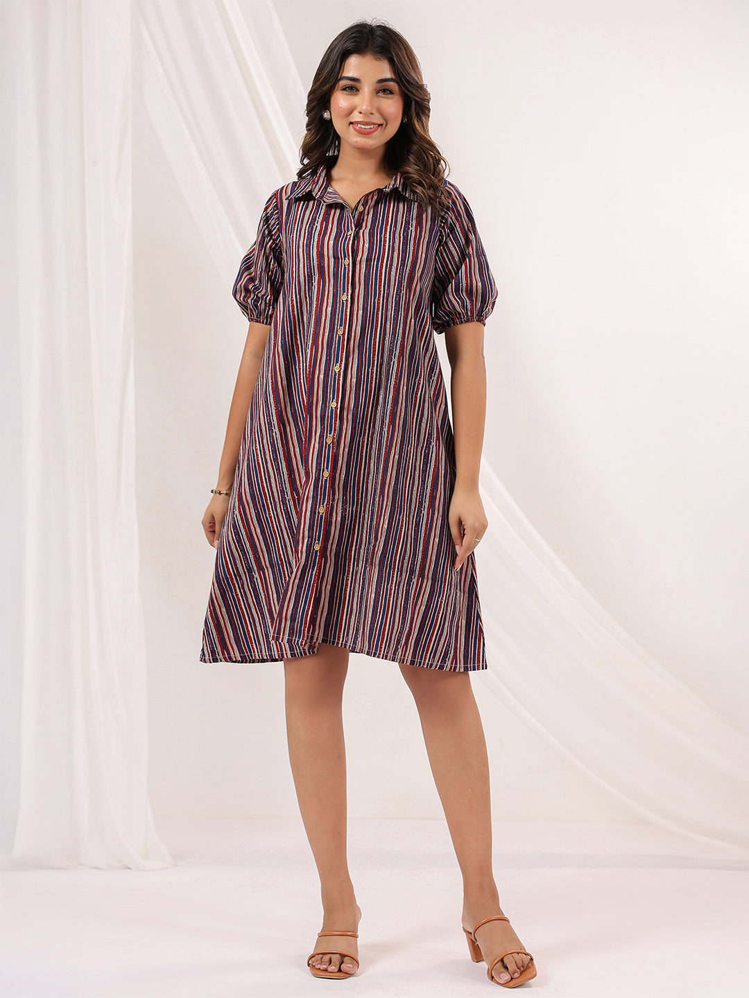 Janasya Dark Cotton Striped A-Line Dress 