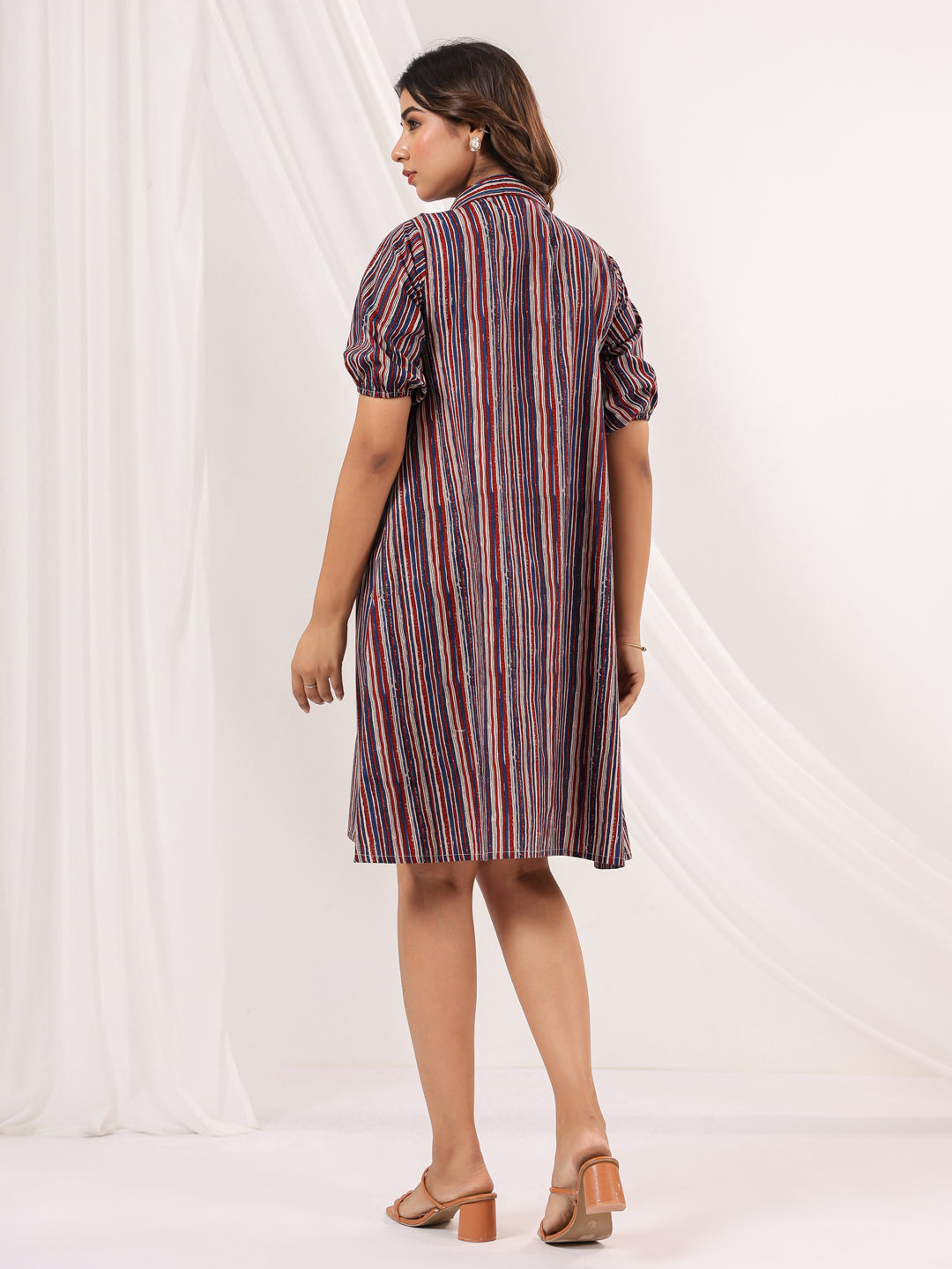 Janasya Dark Cotton Striped A-Line Dress 