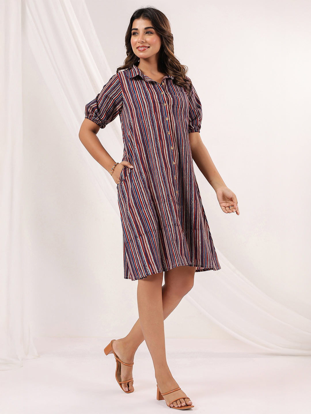 Janasya Dark Cotton Striped A-Line Dress 