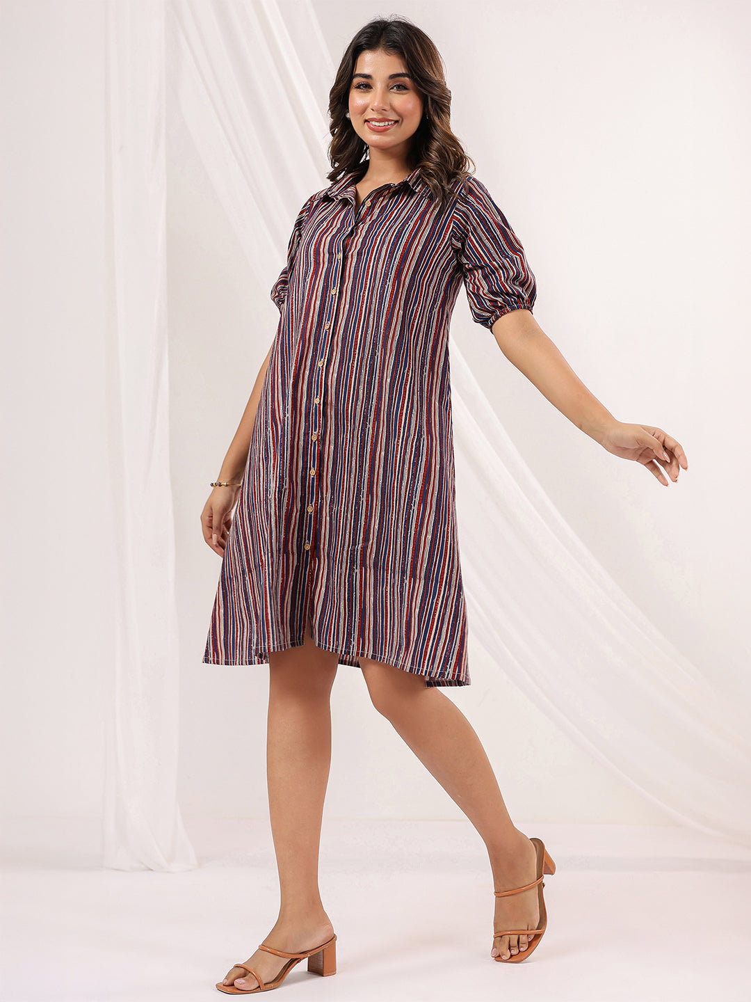 Janasya Dark Cotton Striped A-Line Dress 