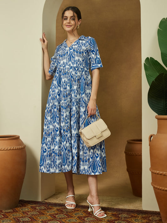 Janasya Bright Flex Ikkat Tiered Dress 