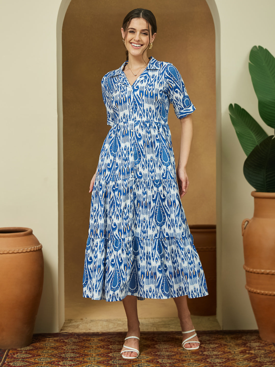 Janasya Bright Flex Ikkat Tiered Dress 