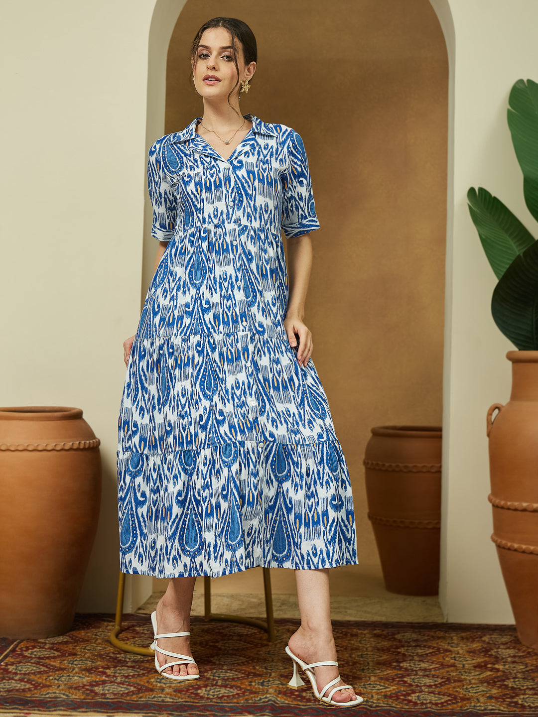 Janasya Bright Flex Ikkat Tiered Dress 