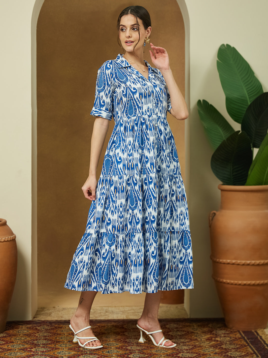 Janasya Bright Flex Ikkat Tiered Dress 