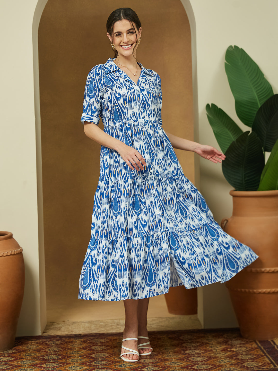 Janasya Bright Flex Ikkat Tiered Dress 