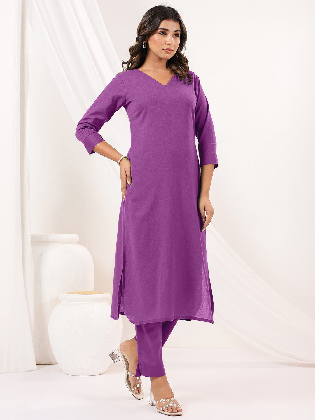 Janasya Light Cotton Solid Straight Kurta Set 