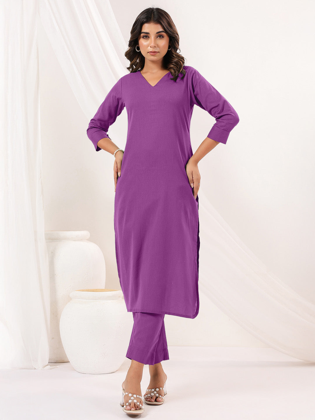 Janasya Light Cotton Solid Straight Kurta Set 
