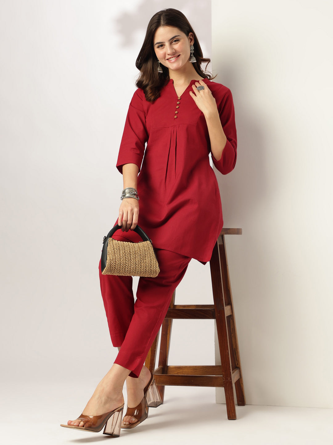Janasya Dark Cotton Solid A-Line Top & Bottom Set 