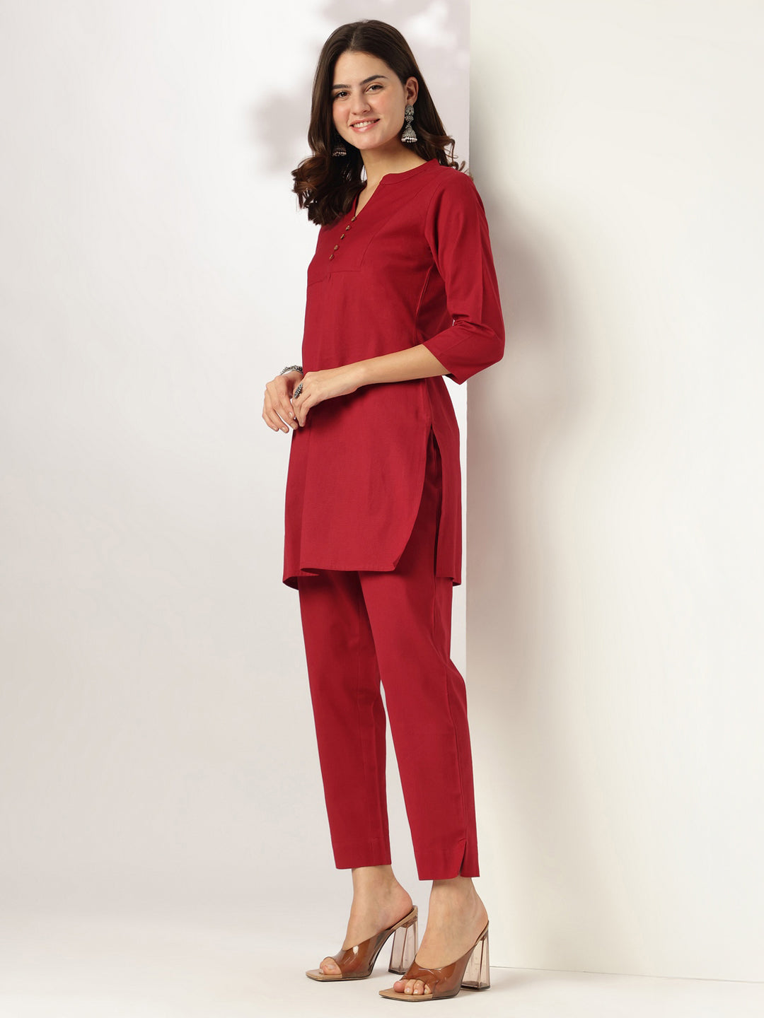 Janasya Dark Cotton Solid A-Line Top & Bottom Set 
