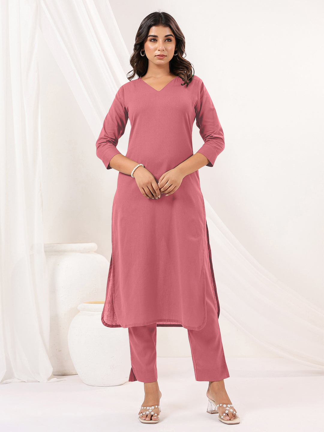 Janasya Light Cotton Solid Straight Kurta Set 
