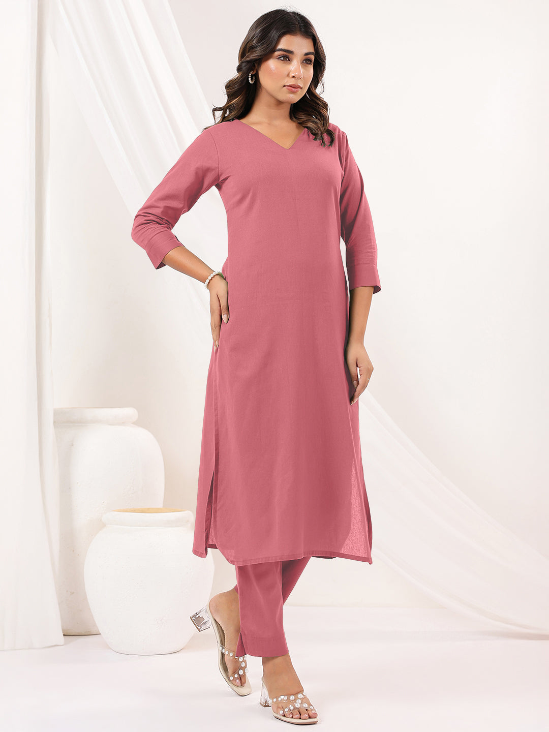 Janasya Light Cotton Solid Straight Kurta Set 