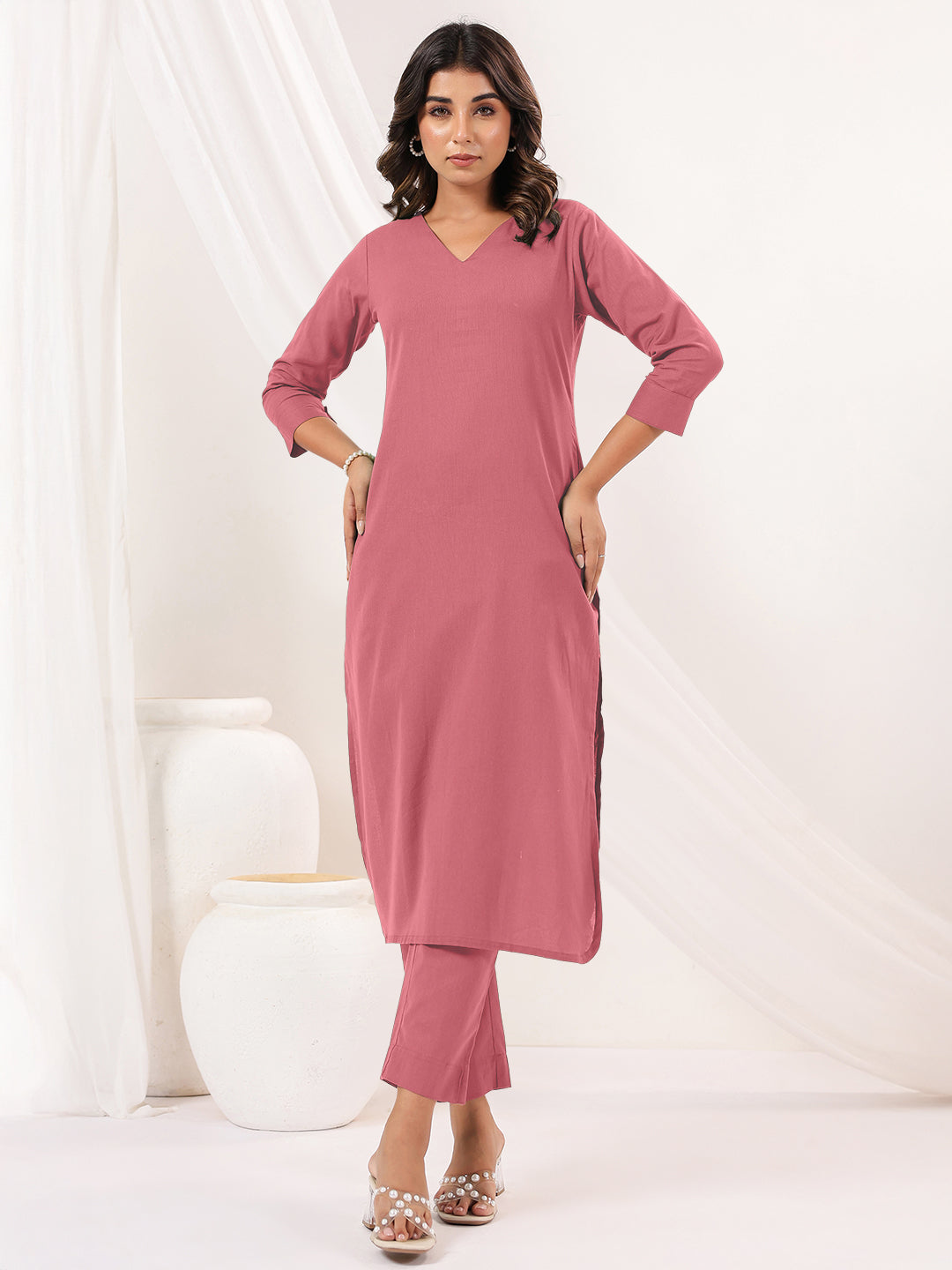 Janasya Light Cotton Solid Straight Kurta Set 