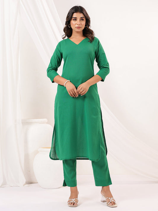 Janasya Dark Cotton Solid Straight Kurta Set 