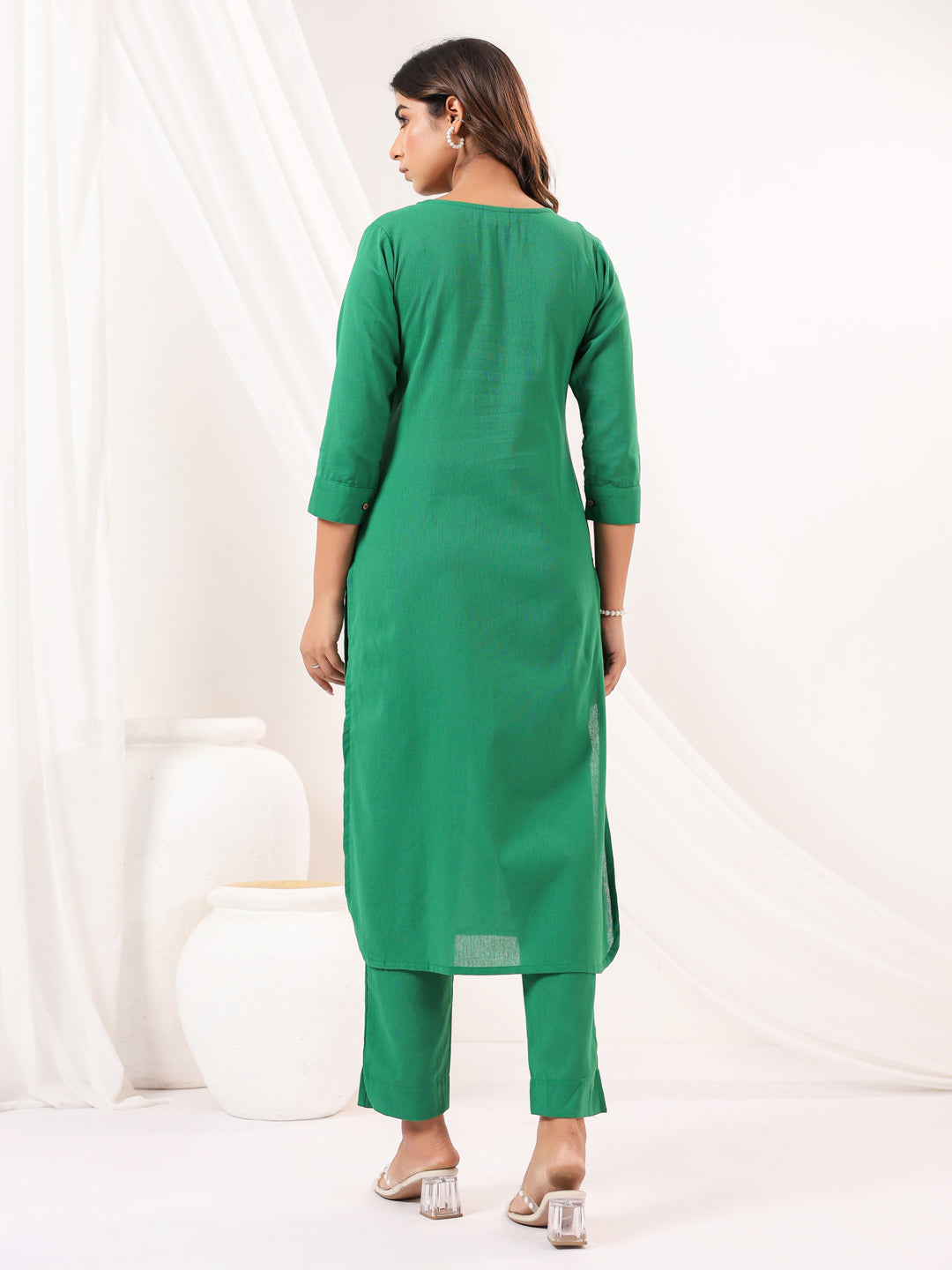 Janasya Dark Cotton Solid Straight Kurta Set 