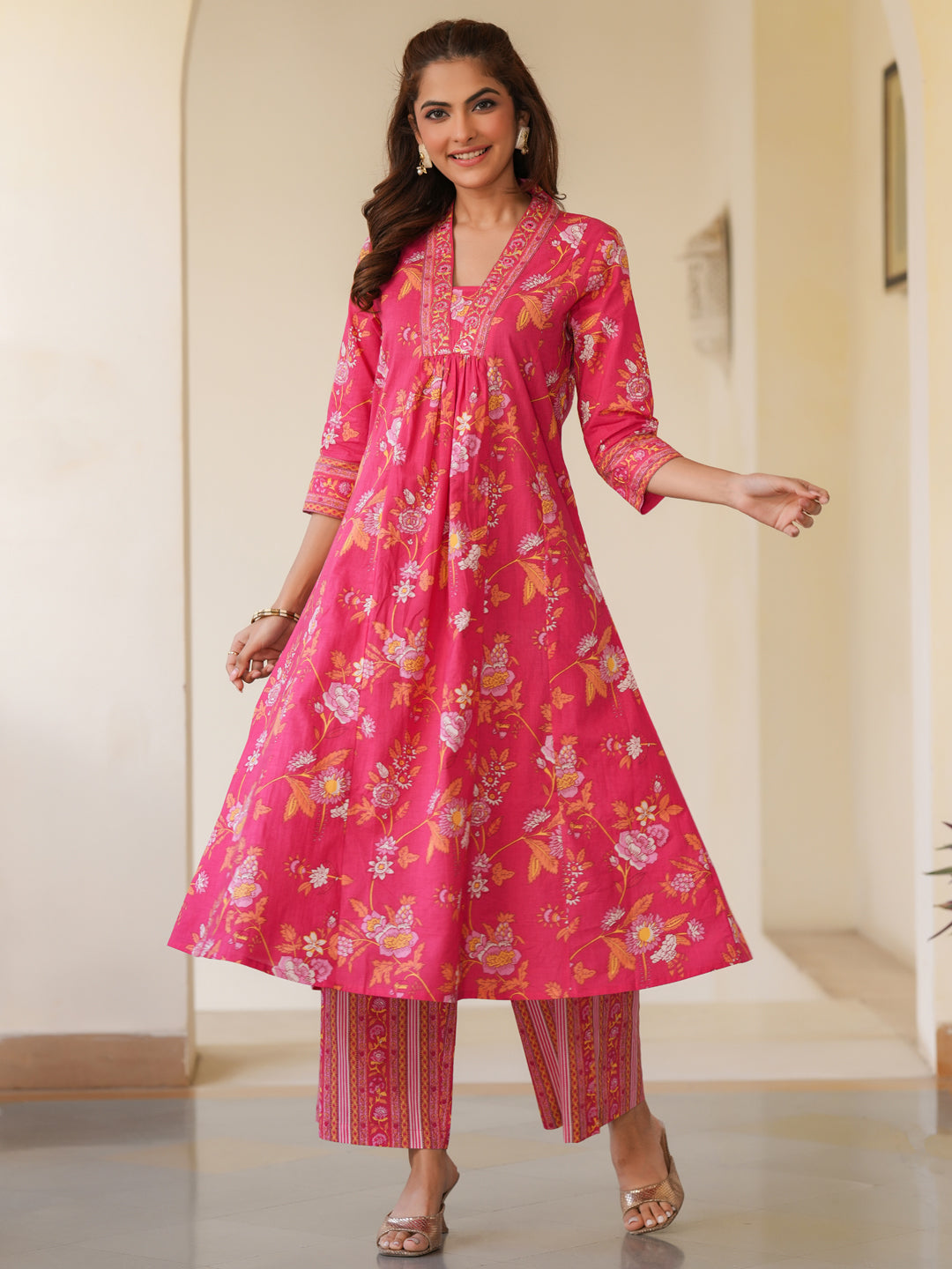 Janasya Bright Cotton Floral A-Line Kurta Set 