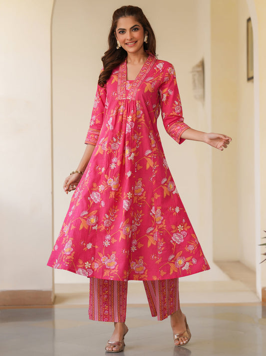 Janasya Bright Cotton Floral A-Line Kurta Set 