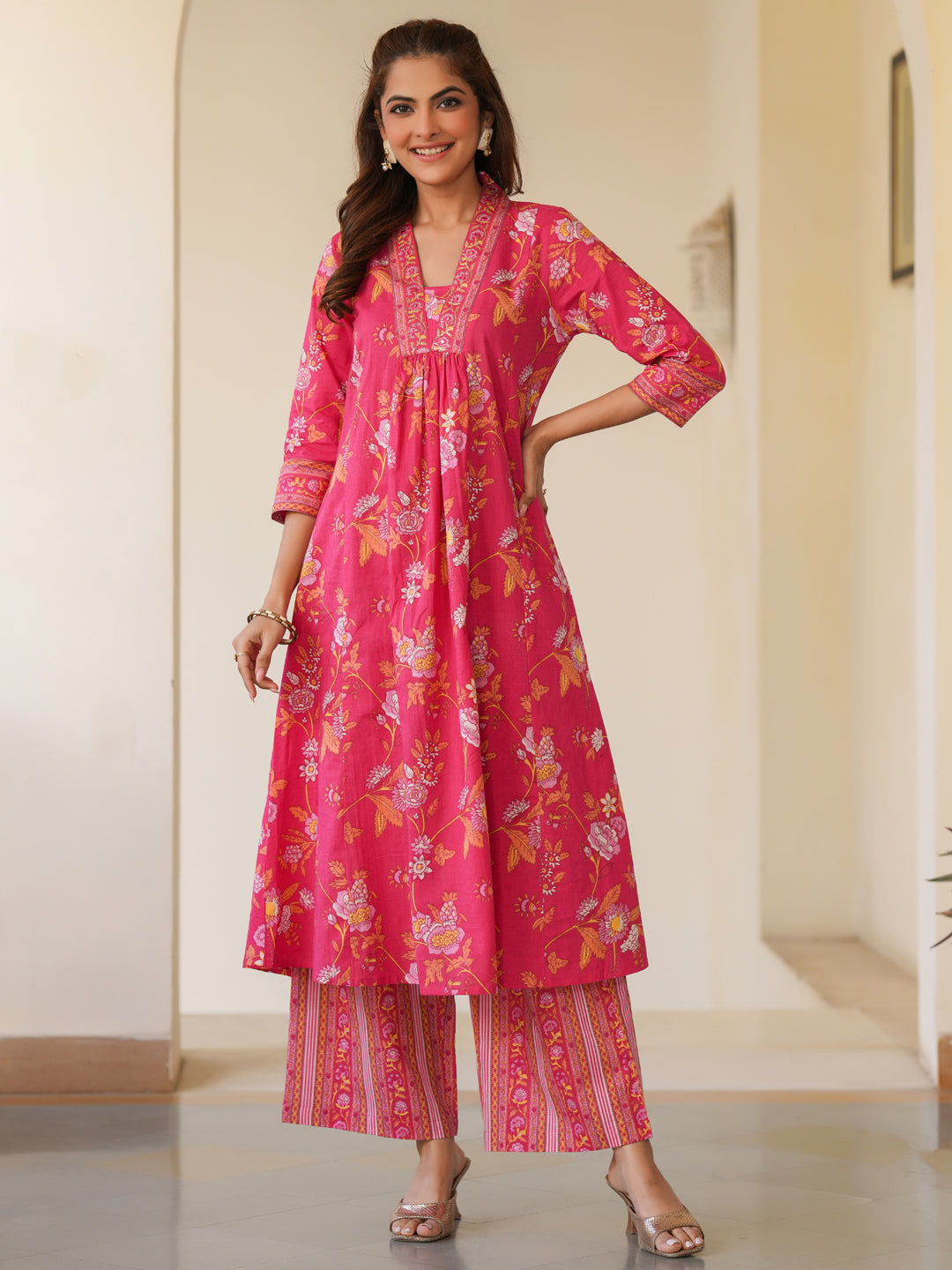 Janasya Bright Cotton Floral A-Line Kurta Set 