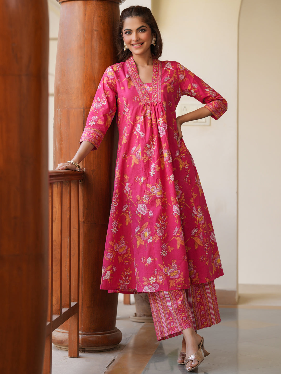Janasya Bright Cotton Floral A-Line Kurta Set 
