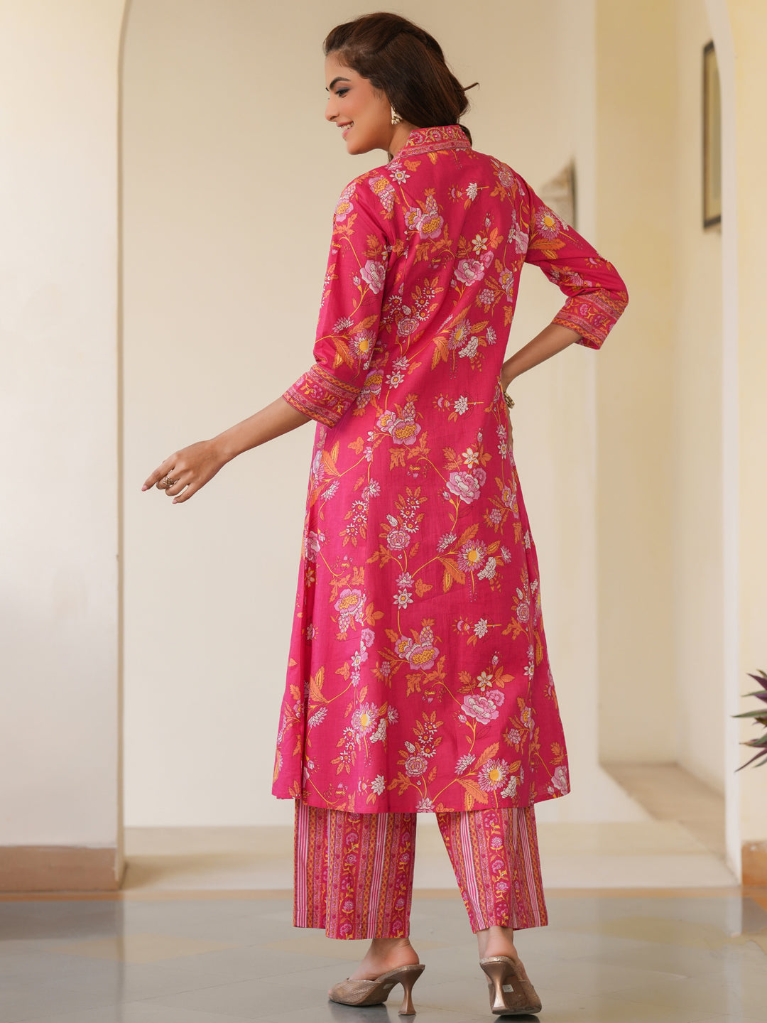 Janasya Bright Cotton Floral A-Line Kurta Set 