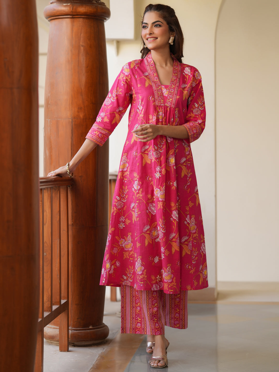 Janasya Bright Cotton Floral A-Line Kurta Set 