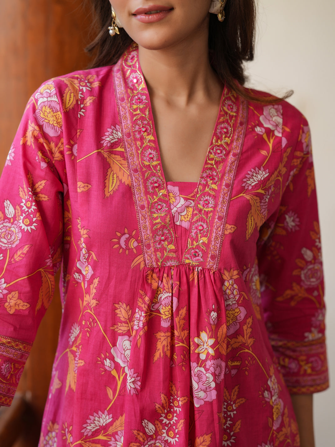 Janasya Bright Cotton Floral A-Line Kurta Set 