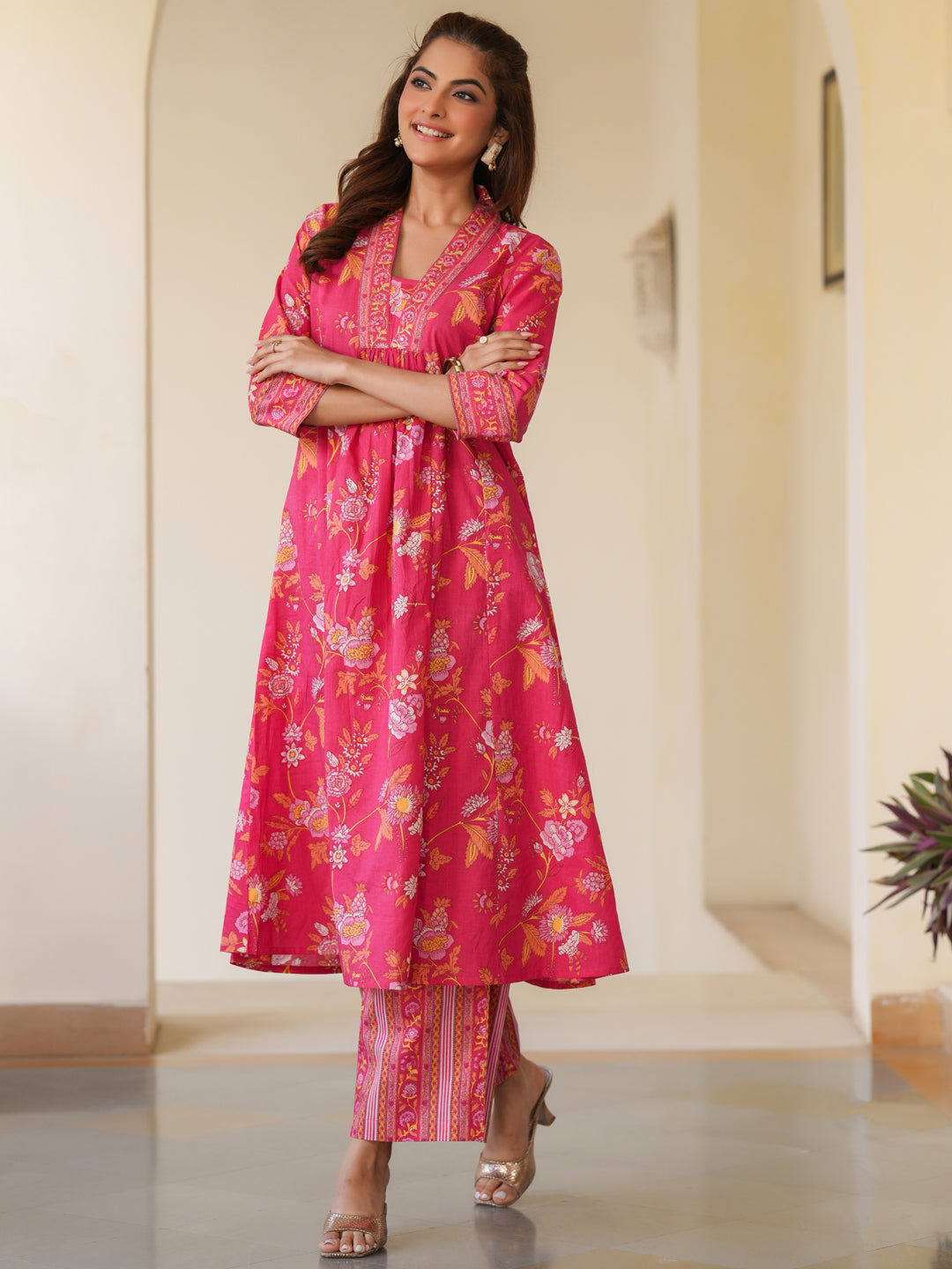 Janasya Bright Cotton Floral A-Line Kurta Set 