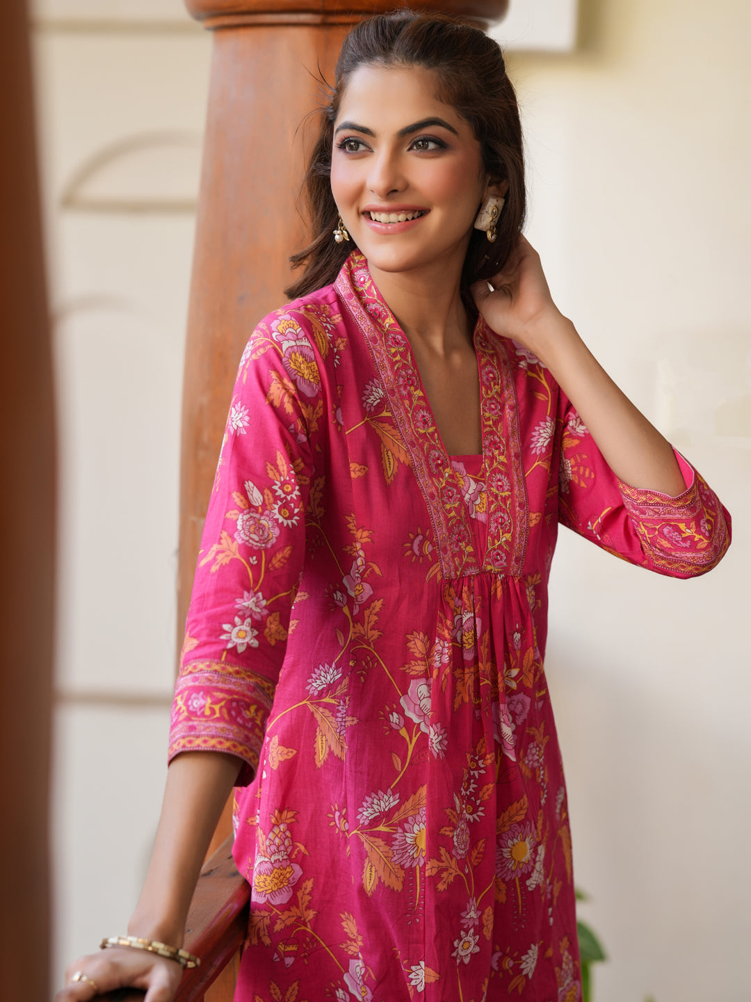 Janasya Bright Cotton Floral A-Line Kurta Set 
