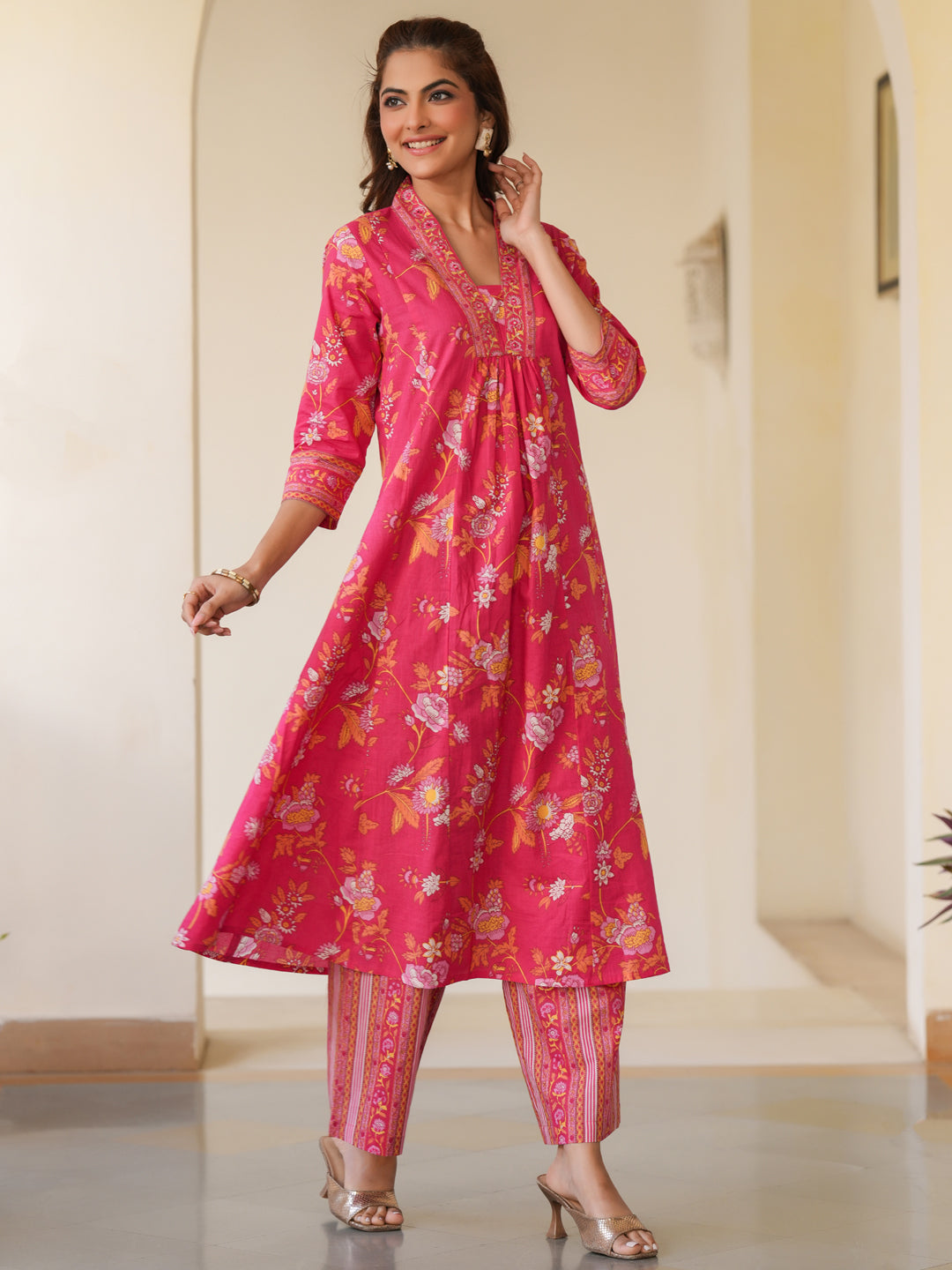 Janasya Bright Cotton Floral A-Line Kurta Set 