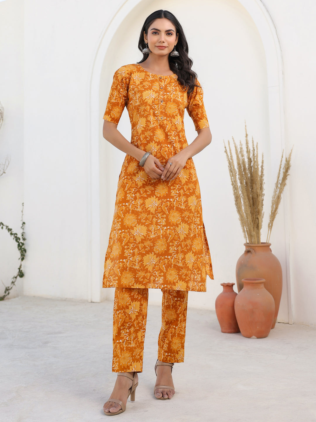 Janasya Bright Cotton Floral Straight Kurta Set 