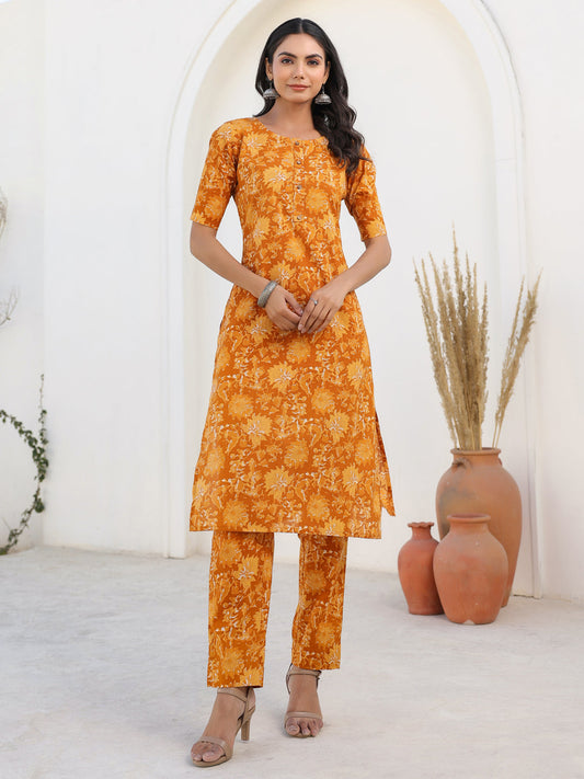 Janasya Bright Cotton Floral Straight Kurta Set 