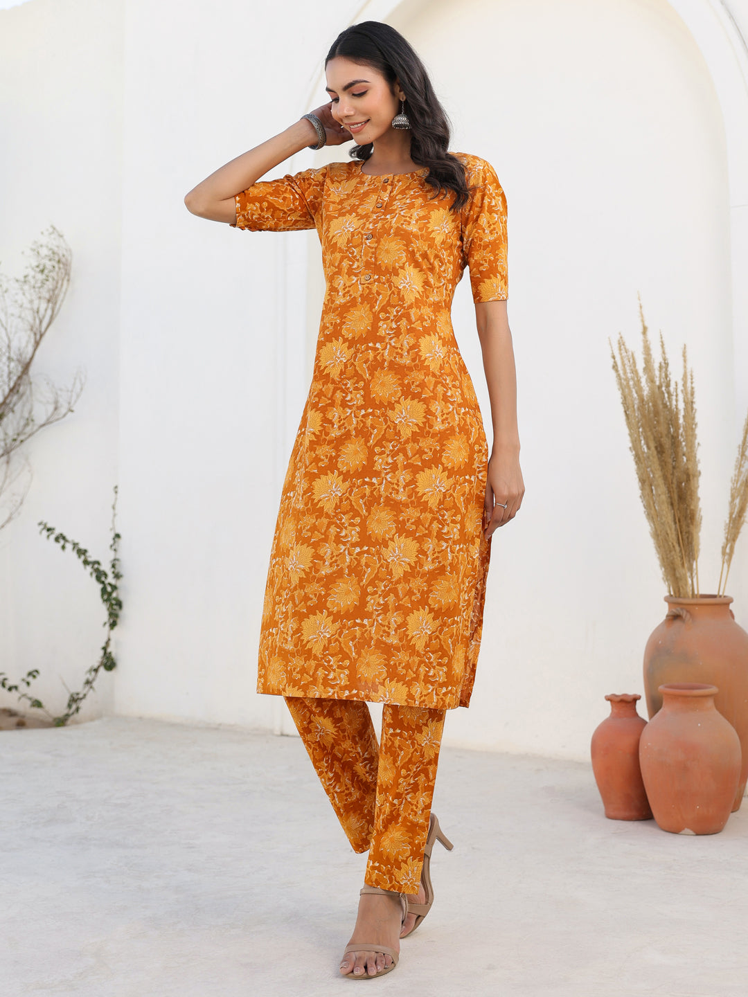 Janasya Bright Cotton Floral Straight Kurta Set 