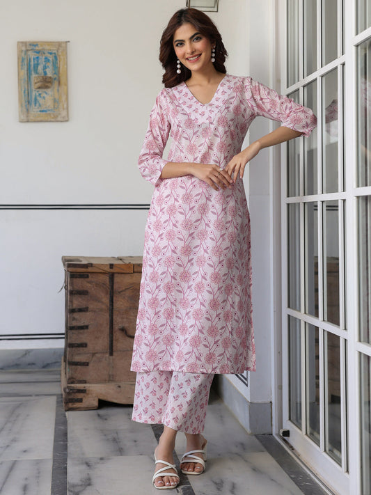 Janasya Light Cotton Floral Straight Kurta Set 