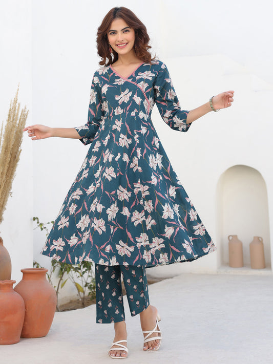 Janasya Dark Cotton Floral A-Line Kurta Set 