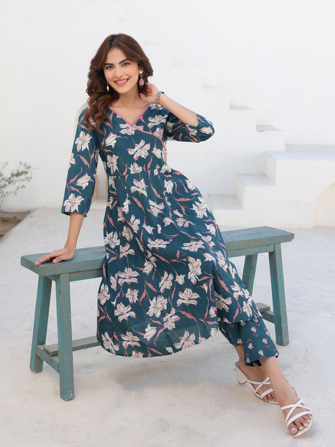 Janasya Dark Cotton Floral A-Line Kurta Set 