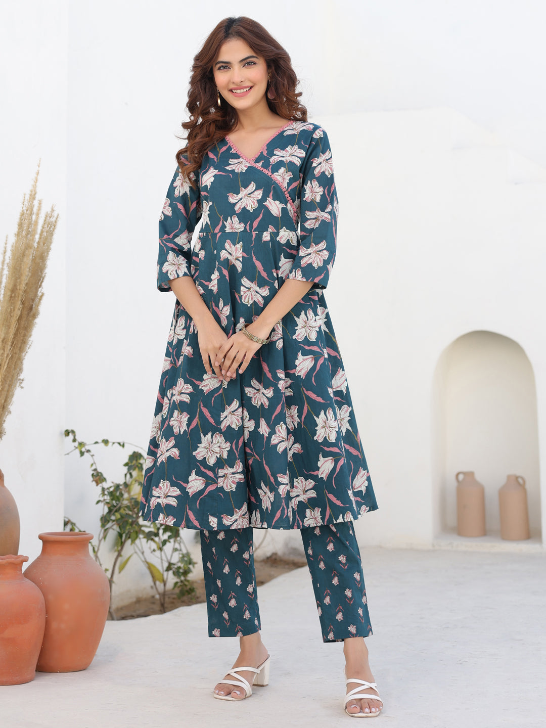 Janasya Dark Cotton Floral A-Line Kurta Set 