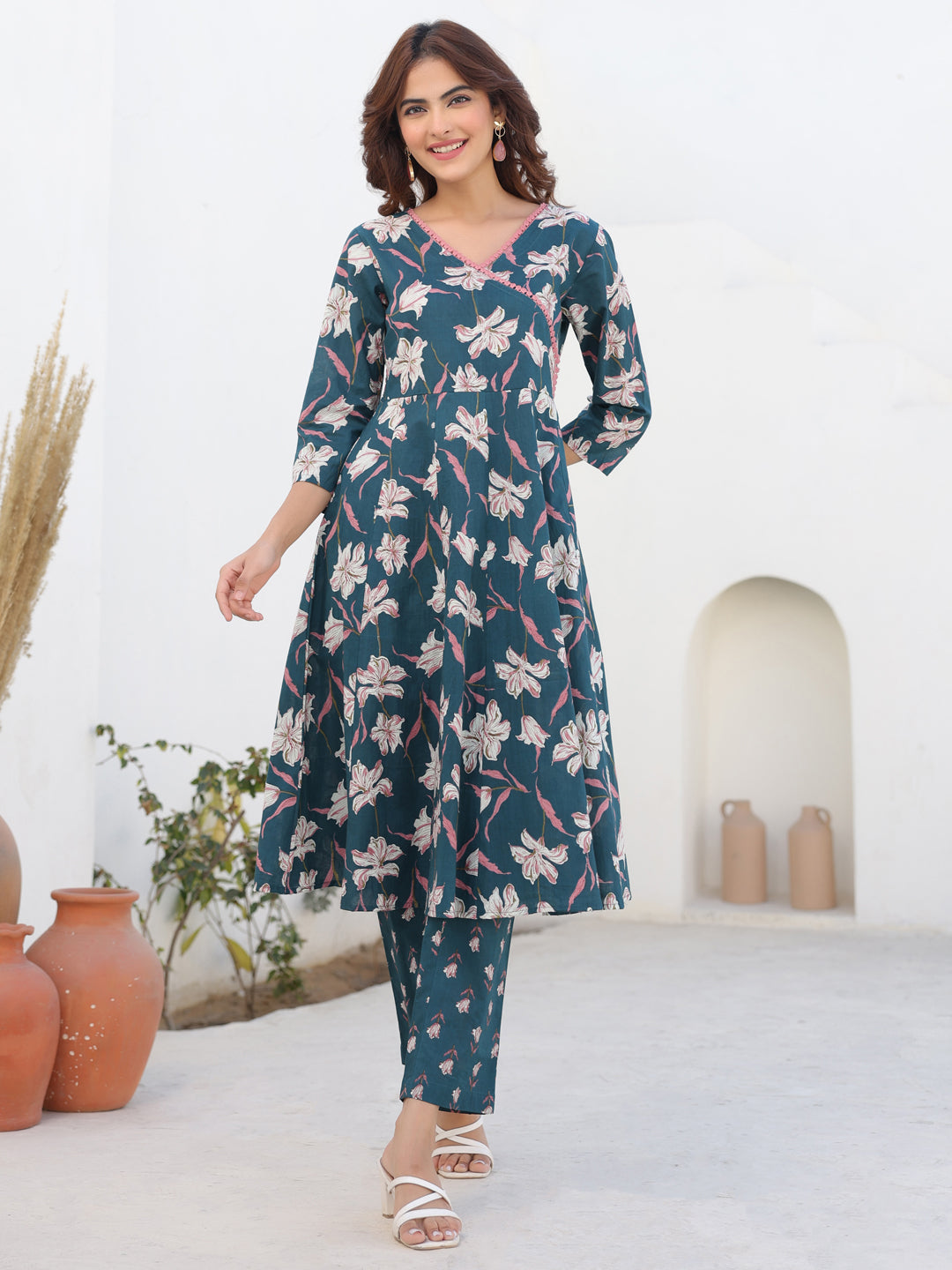 Janasya Dark Cotton Floral A-Line Kurta Set 