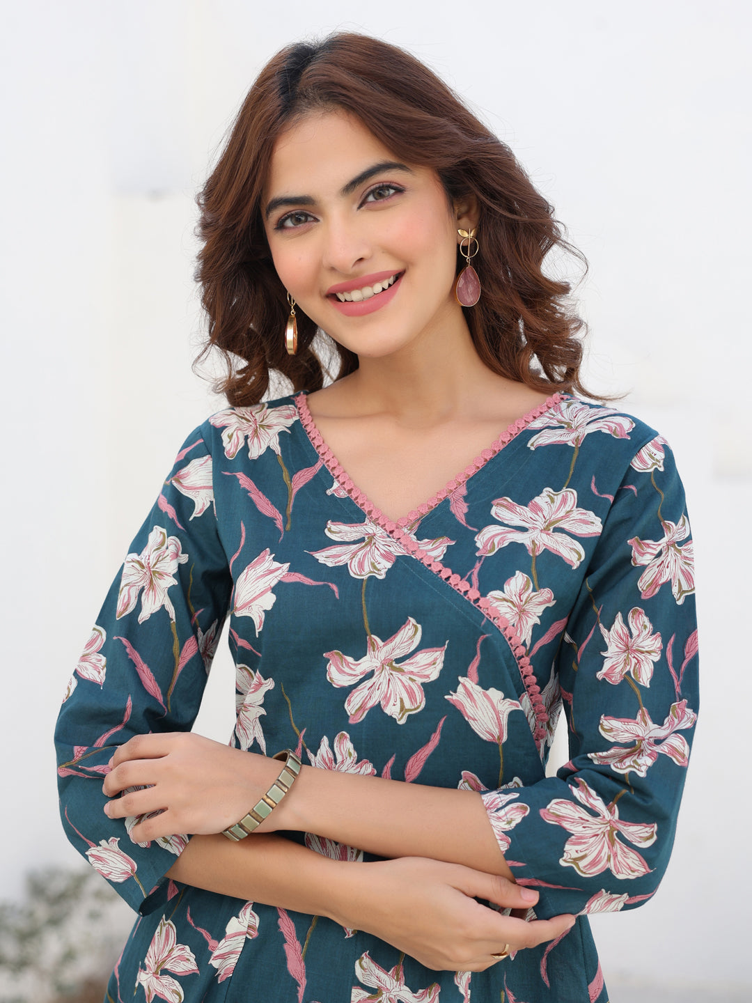 Janasya Dark Cotton Floral A-Line Kurta Set 