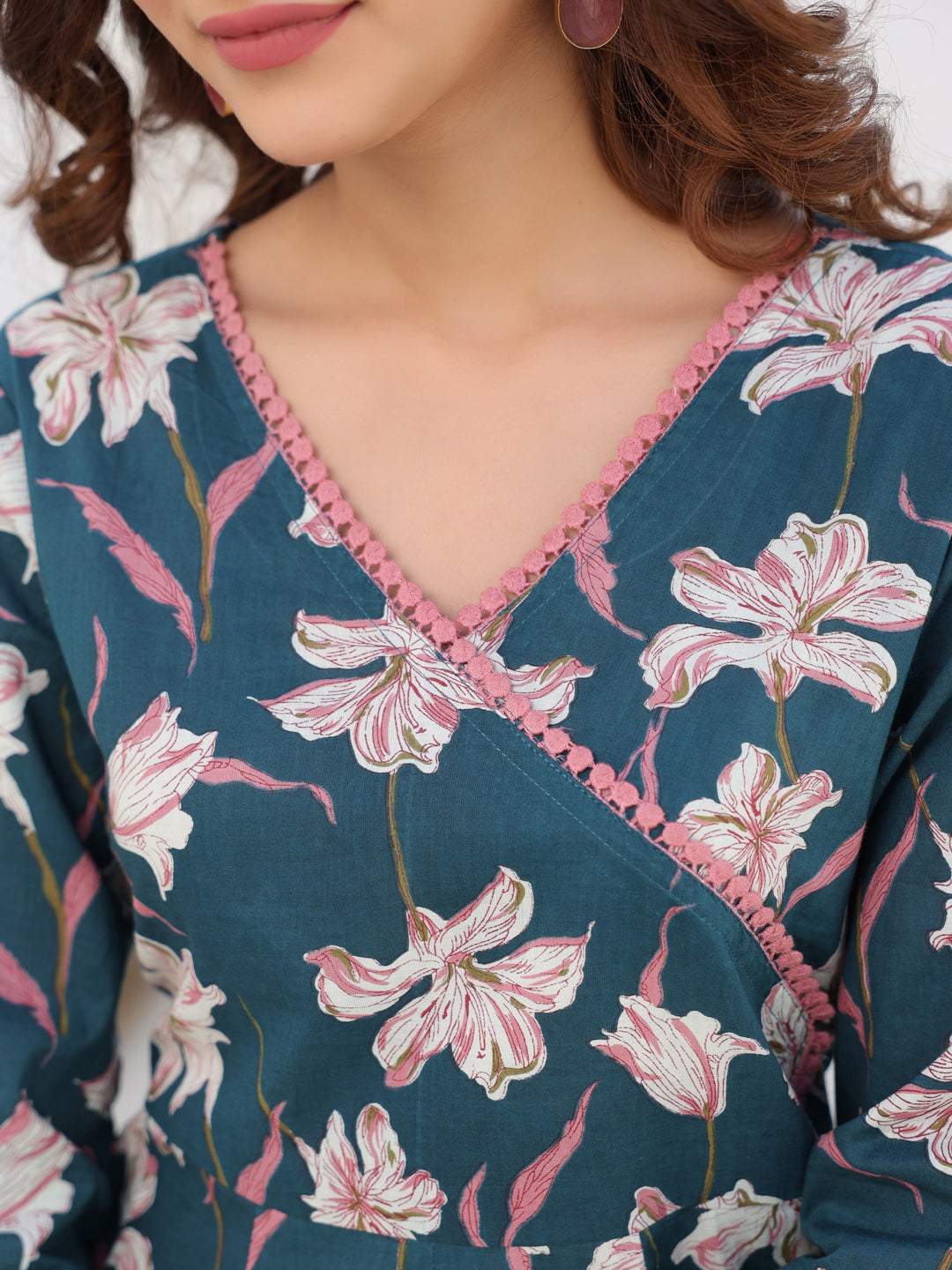 Janasya Dark Cotton Floral A-Line Kurta Set 