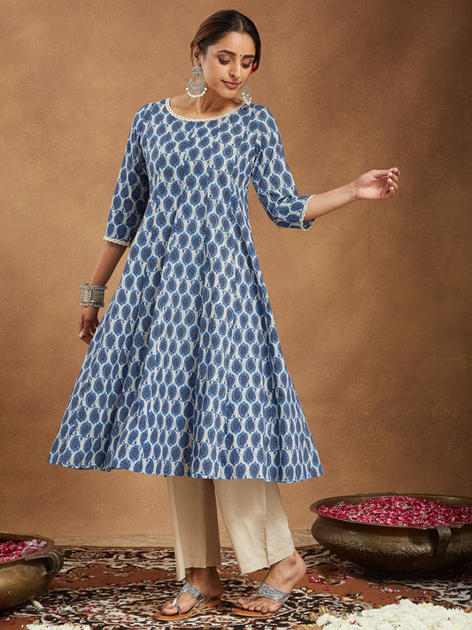 Janasya Dark Cotton Paisley Anarkali Kurta Set 