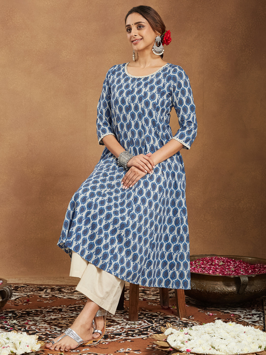 Janasya Dark Cotton Paisley Anarkali Kurta Set 
