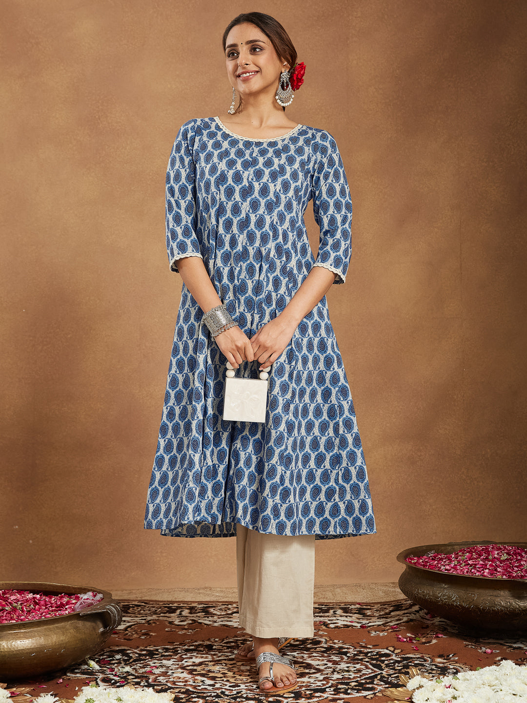 Janasya Dark Cotton Paisley Anarkali Kurta Set 