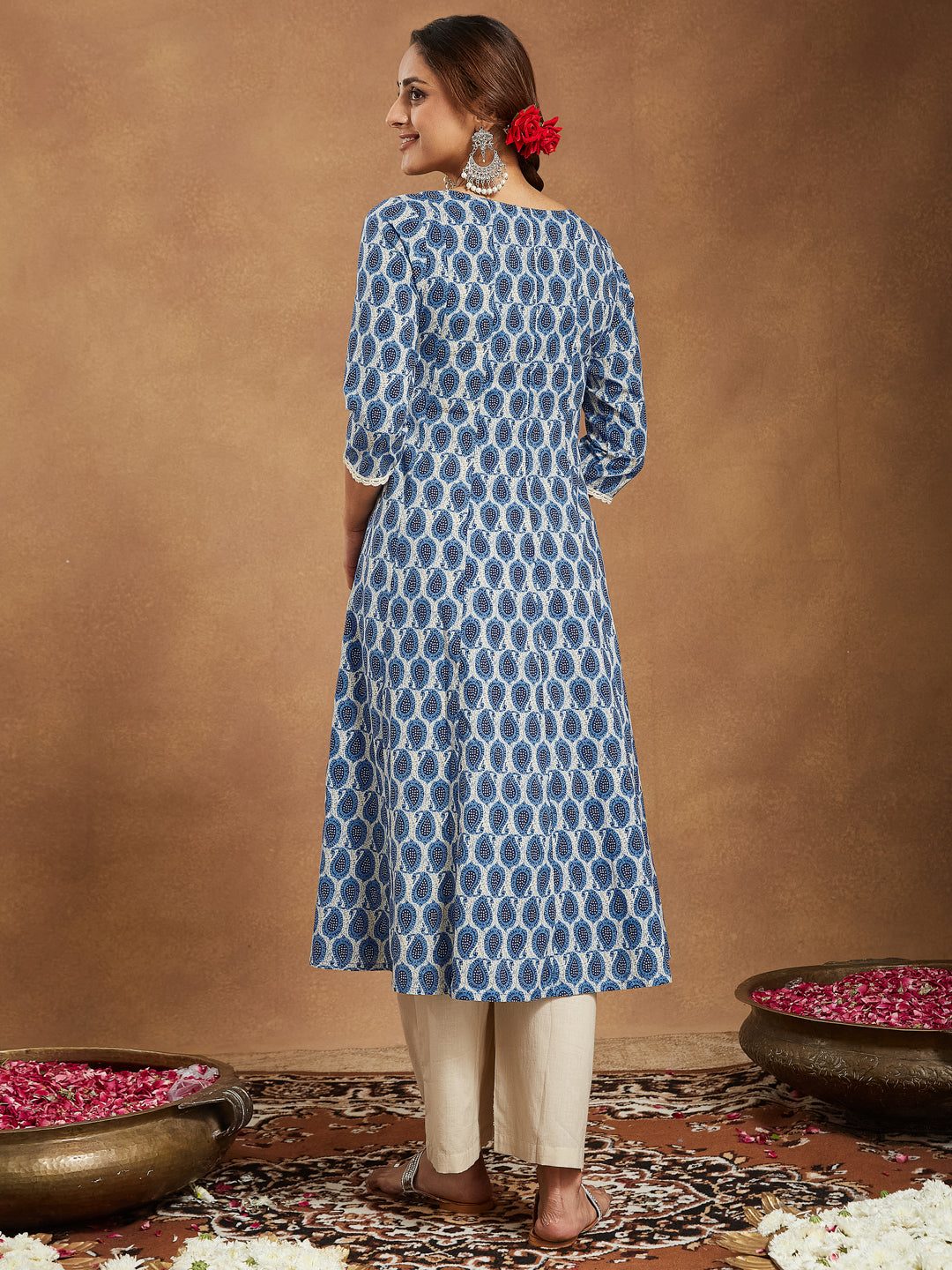 Janasya Dark Cotton Paisley Anarkali Kurta Set 