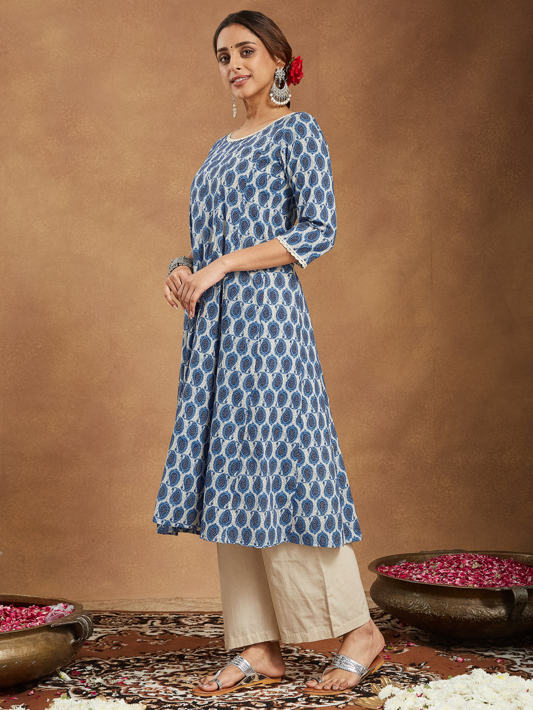 Janasya Dark Cotton Paisley Anarkali Kurta Set 