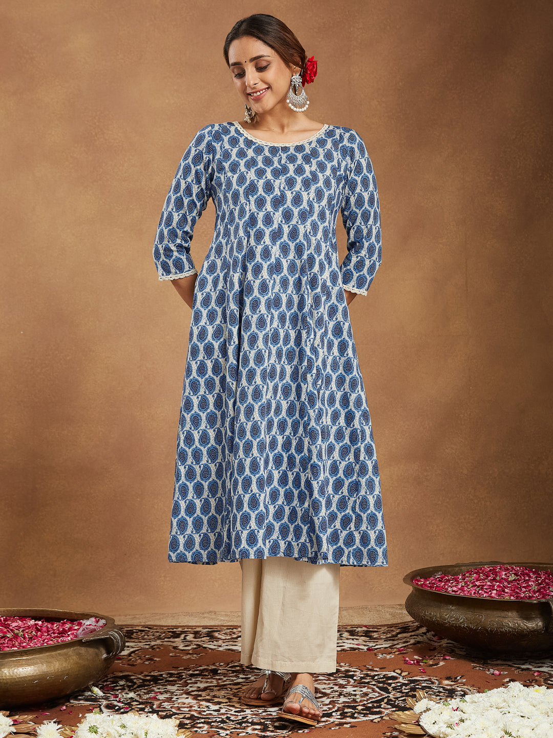 Janasya Dark Cotton Paisley Anarkali Kurta Set 