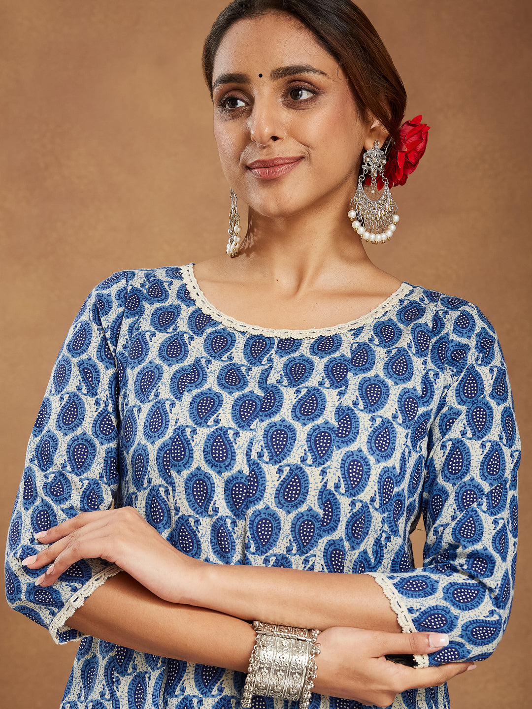 Janasya Dark Cotton Paisley Anarkali Kurta Set 