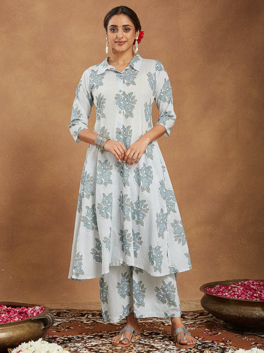 Janasya Light Cotton Floral A-Line Kurta Set 